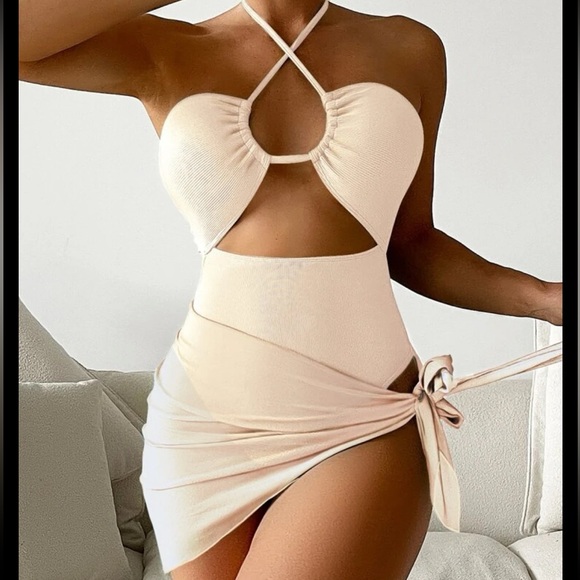 Other - Cut-out Criss Cross Halter One Piece Swimsuit With Beach Skirt included